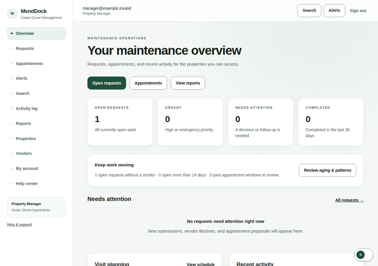 MendDock manager dashboard with a maintenance queue and upcoming appointments, using fictional records.